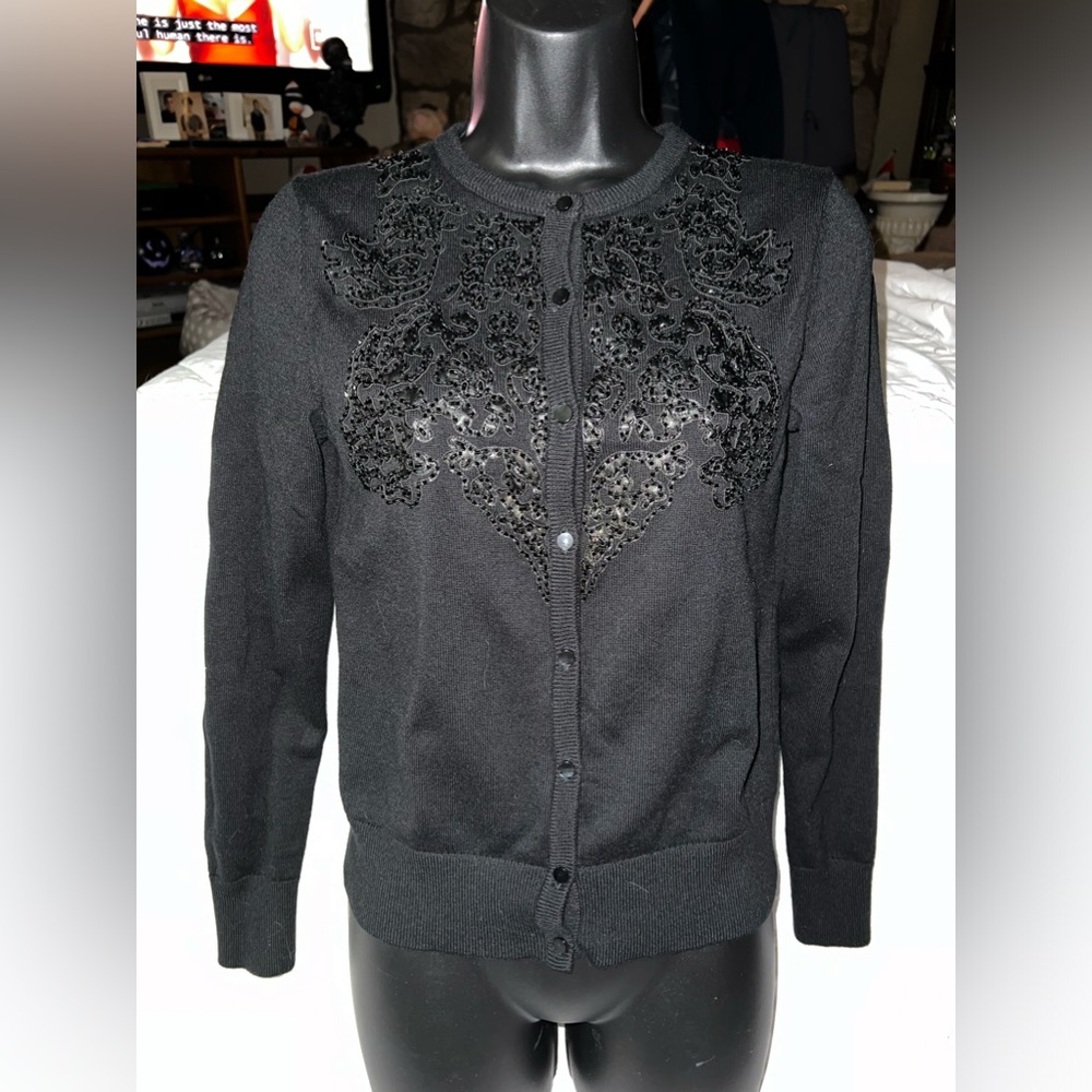 Ann Taylor Women's Black Sweater Buttons Cardigan Style W/Sequence